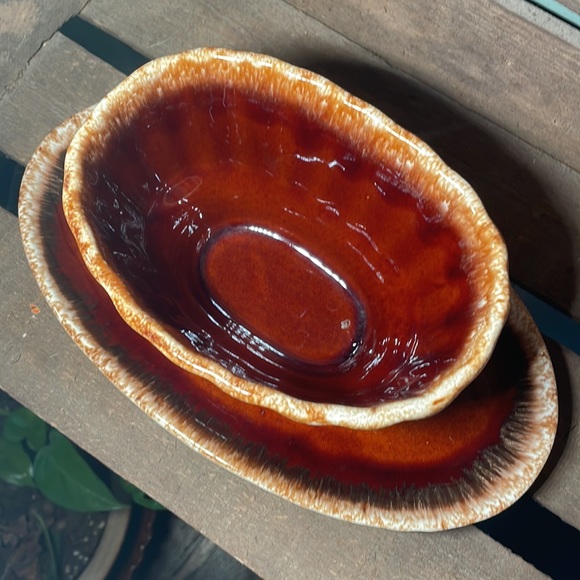 Vintage Hull Server & Dip Bowl. MCM, Ceramics, Brown Drip Glaze, Retro - Picture 3 of 4